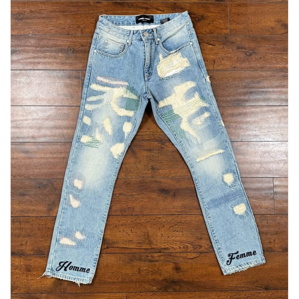 Homme + Femme Jeans 28 Good Die Young Distressed Embroidered Light Wash Denim